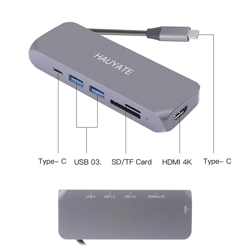 

Переходник TYPE-C в HDMI + PD + SD + TF + USB3.0, считыватель карт SD/микрос для одновременного чтения, порт USB C, порт USB s 60 Вт