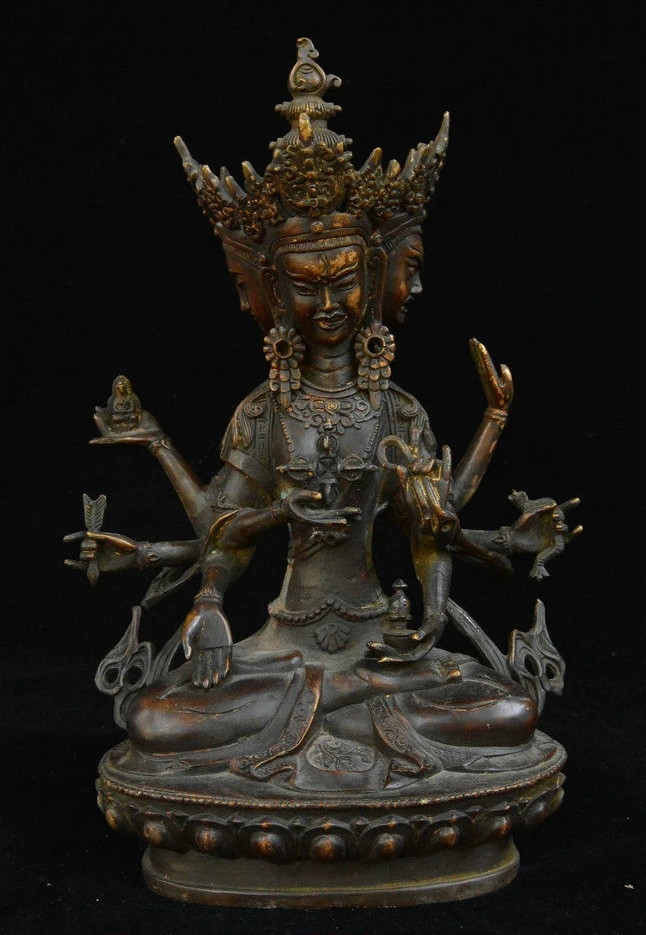

12" Tibetan Buddhism Bronze Gilt 3 Head 8 Arms Namgyalma & Ushnishavijaya Statue