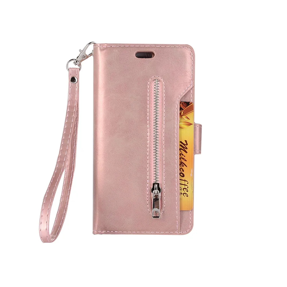 Rose Gold Чехол-книжка на молнии с 9 карманами для карт для huawei P30 Pro Lite Y6 Y7, роскошный кожаный чехол-книжка для Honor 8A Pro 8C - Цвет: Rose Gold