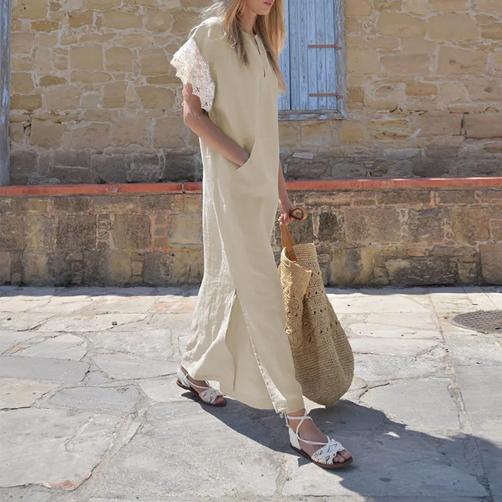 Кружевное платье с коротким рукавом v-образным вырезом и разрезом сбоку