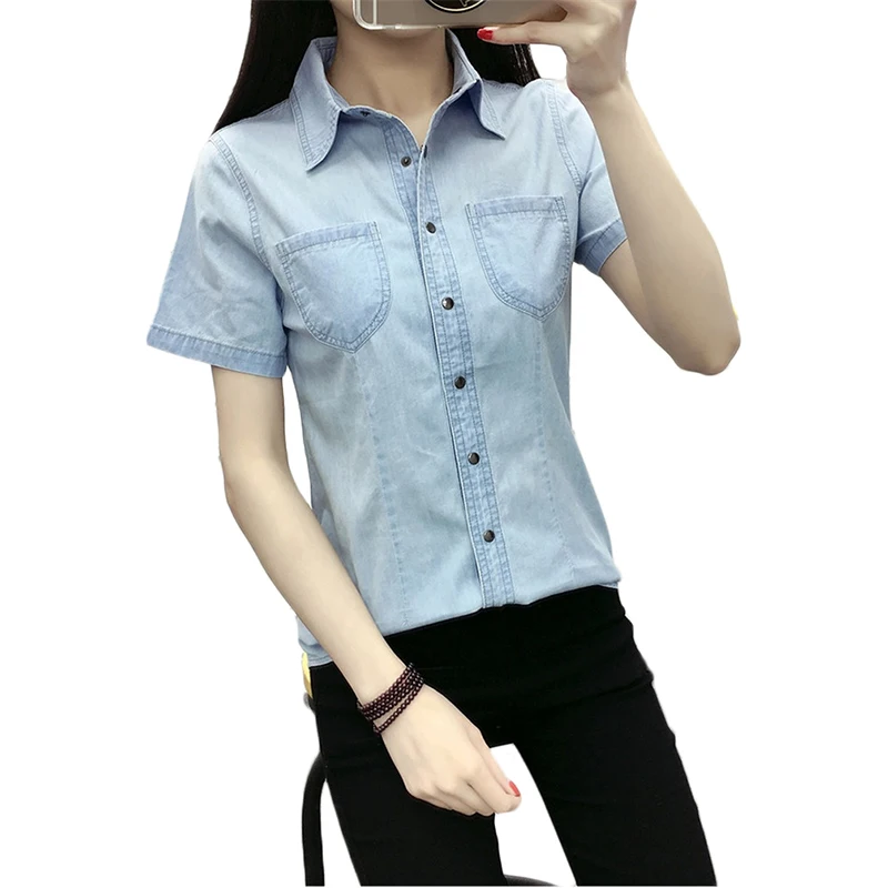 

Short sleeve Plus size Denim Shirt Women Korean Slim Wild Tops Women's Temperament Single-breasted Navy blue Denim Jacket A276