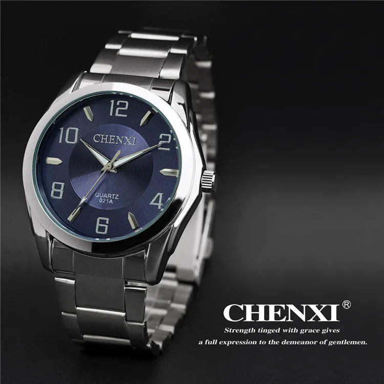 Blue dial Новое поступление, мужские Модные деловые часы с цифровым контрактом, праздничный подарок, есть тег CHENXI, мужские Стальные кварцевые часы 021A - Цвет: Blue dial