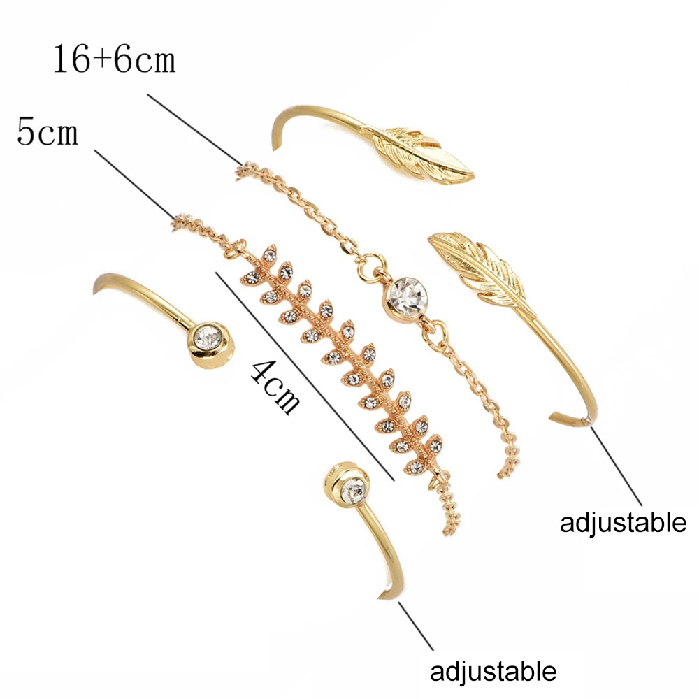 4 шт. Набор браслетов с кристаллами и листьями открытые регулируемые браслеты