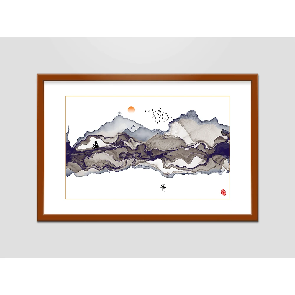 HD китайский стиль чернила и мыть закат горы пейзаж стены искусства холст плакаты