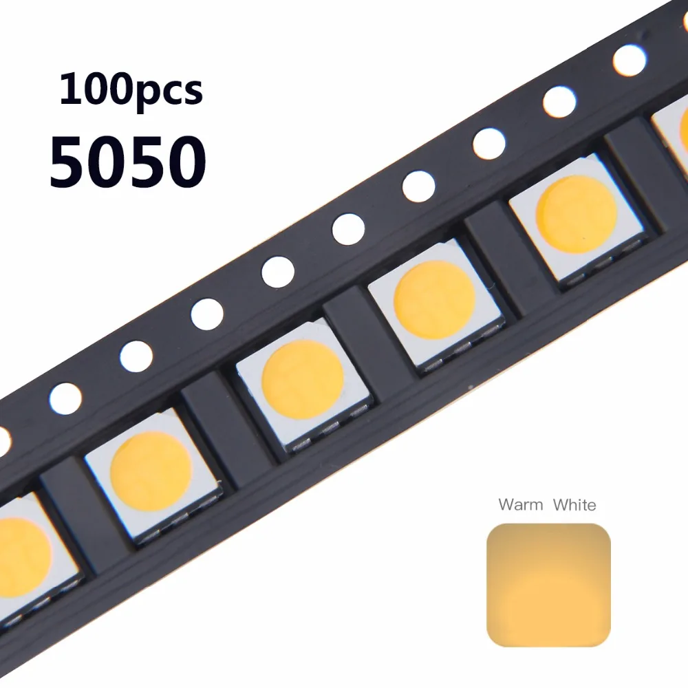 100 шт. SMD светодиодный Диод 5050 теплый белый 15-18LM 60mA DC 3V Ультра яркий светильник светодиод лампы поверхностное монтаж SMT бисера для PCB