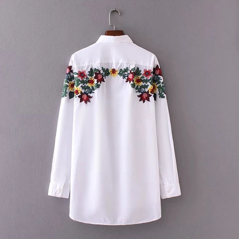 LERFEY Женская Цветочная блузка с вышивкой рубашка отложным воротником белые