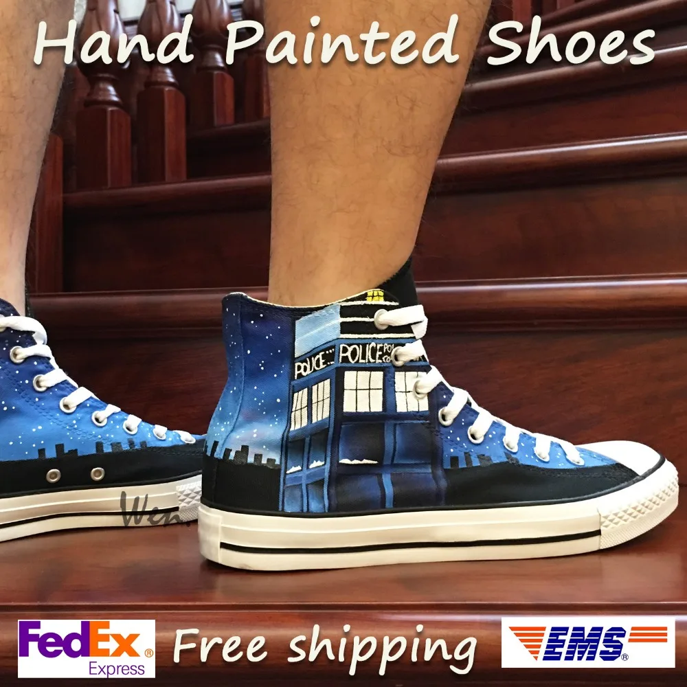 

Wen Blue Hand Painted Shoes Design Custom Doctor Who Gallifrey Symbol High Top Men Women's Canvas Sneakers Christmas Gifts