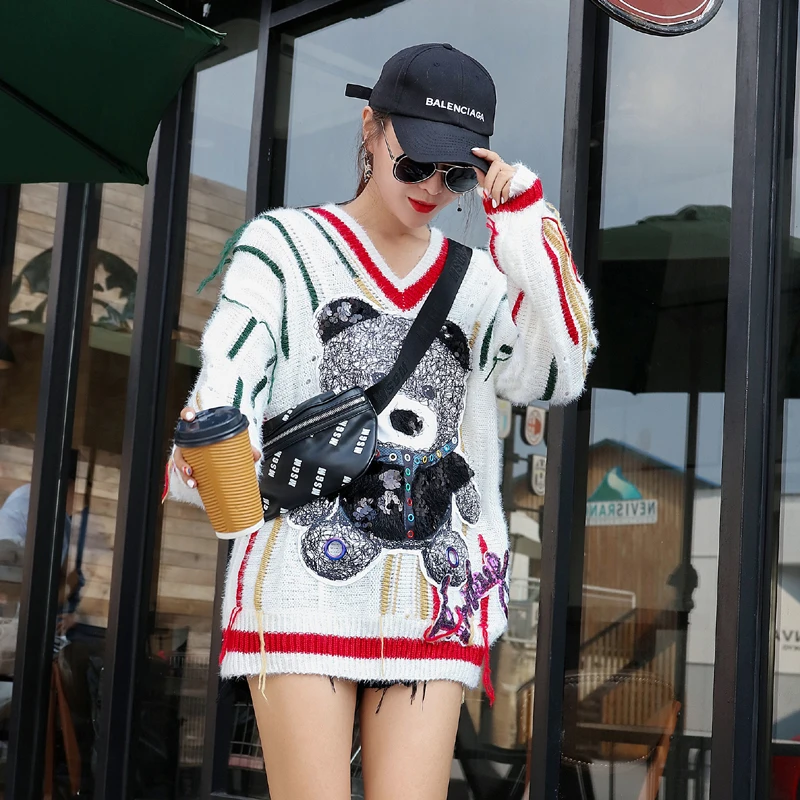 European station 2020 autumn new ladies sweater ageing V-neck cartoon long loose dress female tide | Женская одежда
