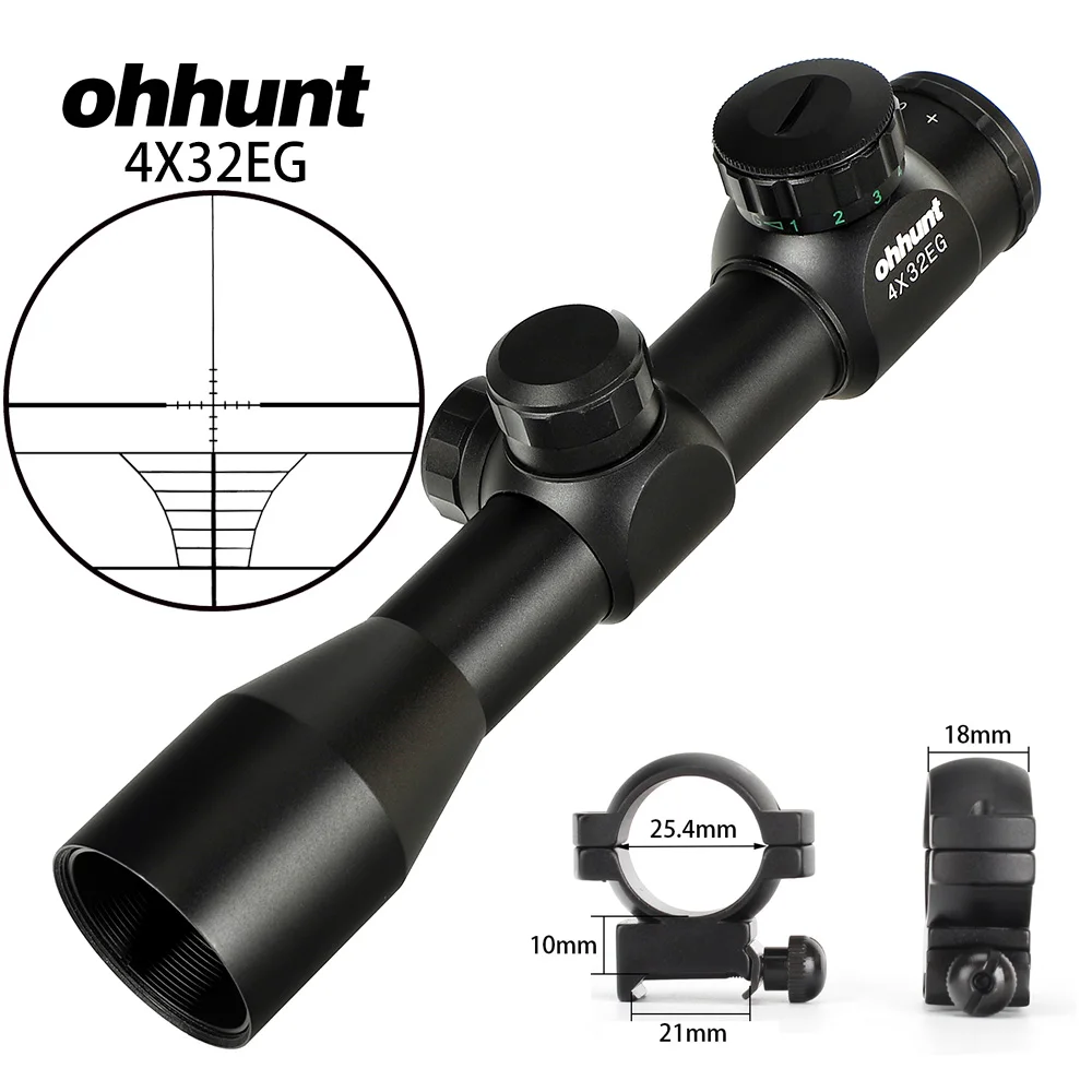 Ohhunt 4X32 EG охотничий прицел оптика прицел дальномер Сетка прицел красный зеленый с подсветкой для винтовки Airgun арбалет - Цвет: Low-Picatinny-Rings