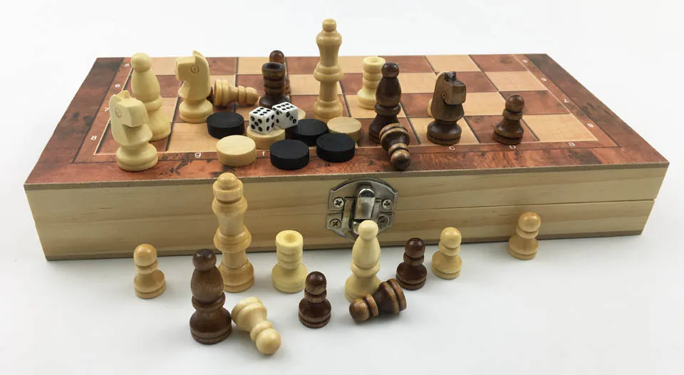 Chess Backgammon Checkers Set Travel Wooden Chess Game 24 x 24 mm Wooden Chess Pieces Board Game Christmas Gifts I56