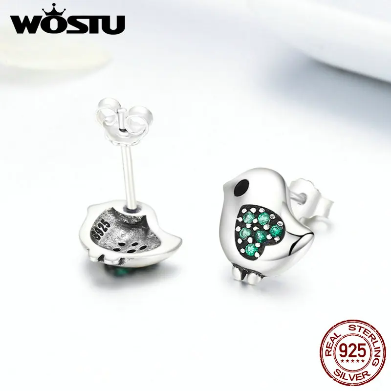 WOSTU Настоящее 925 пробы Серебряная любимая маленькая птичка с зеленый цирконий уникальные серьги-гвоздики для девочек подарок S925 ювелирные изделия CQE079