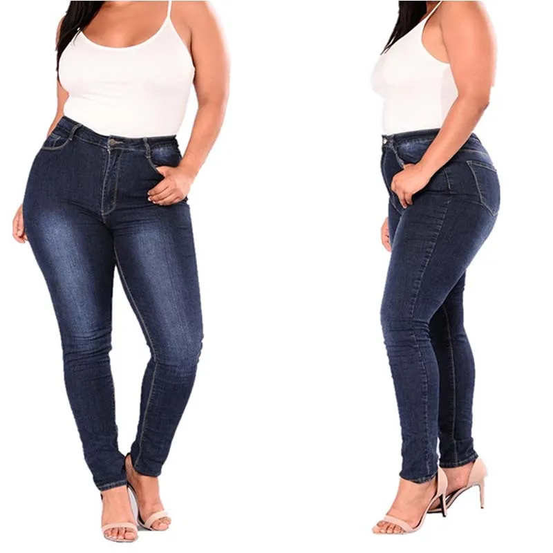 Высокая талия стрейч деним женские ноги брюки большой размер сплошной цвет