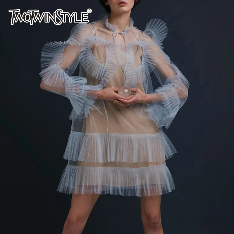TWOTWINSTYLE Сетчатое платье с базовыми бретельками-спагетти, платья со стоячим воротником и кружевными оборками, мини-платья в стиле пэчворк, сексуальное винтажное платье