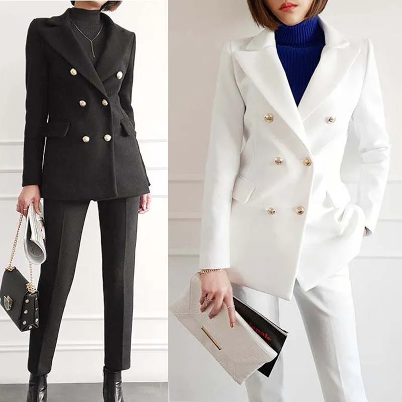 New business casual wild color women's fashion Slim temperament double-breasted suit jacket temperament slim trousers two-piece