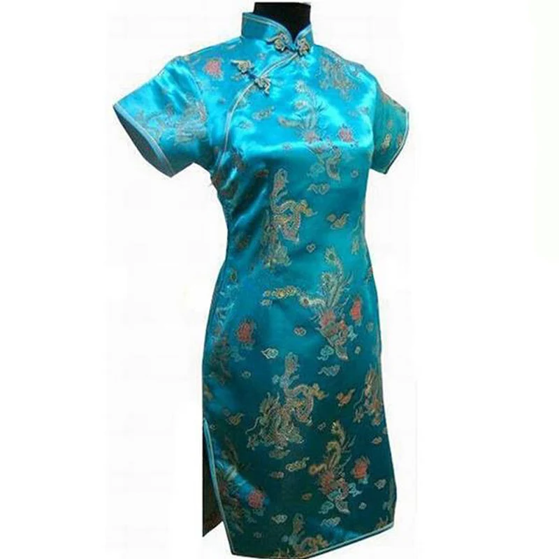 Женское атласное платье Ципао черное винтажное с драконом в китайском стиле