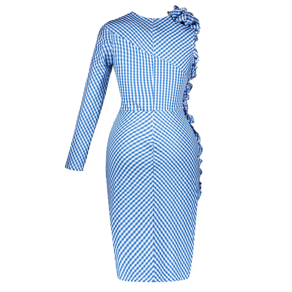 Для женщин Sexy Тонкий Bodycon платье Винтаж плед на одно плечо Модные миди Элегантный