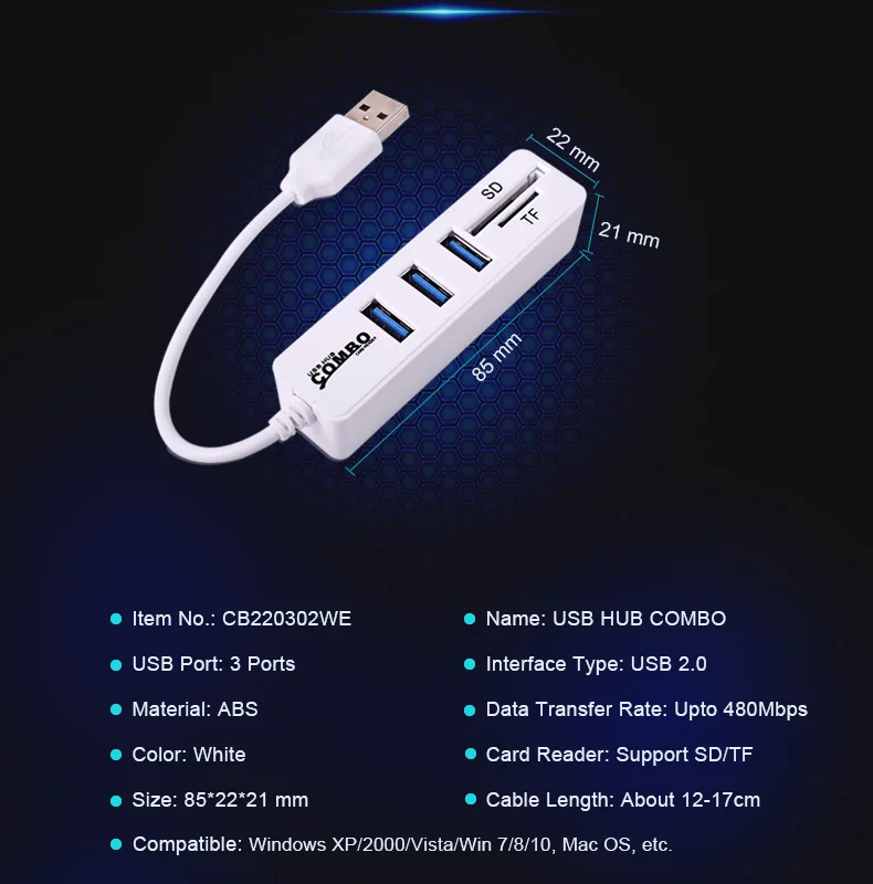 Мини USB комбинированный кард-ридер+ usb-хаб 480 Мбит/с USB разветвитель USB 2,0 концентратор для SD/TF портативный для ПК ноутбука периферийные устройства Аксессуары
