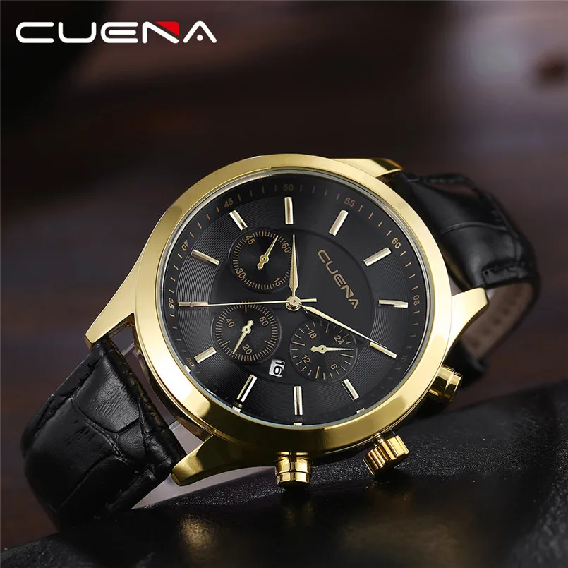 Мужские кварцевые часы CUENA с кожаным ремешком в стиле милитари бизнес для