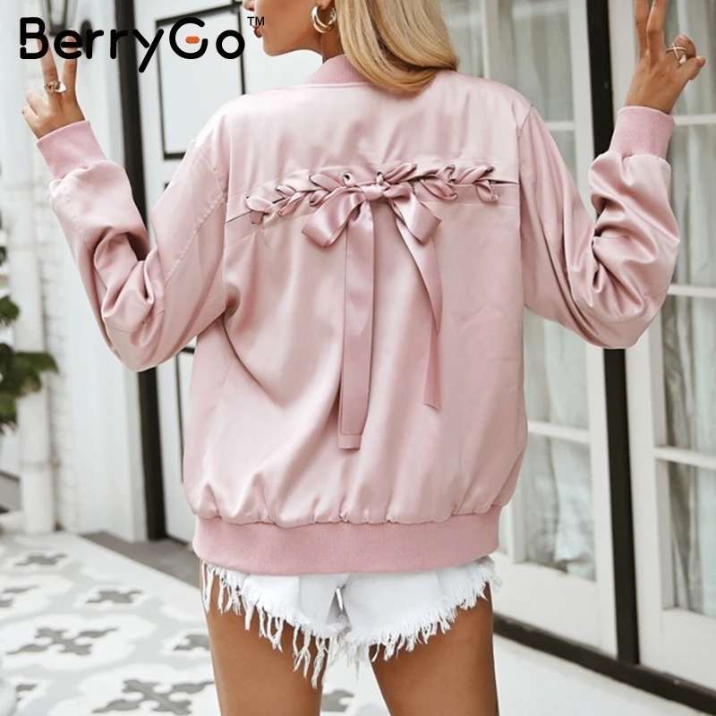 BerryGo элегантная простая куртка пальто со шнуровкой Женская Розовая атласная
