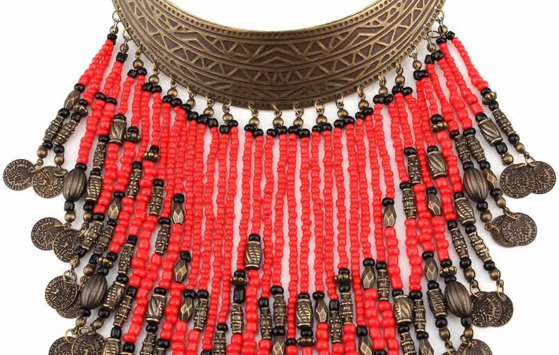 Коралловый Бусины Цепочки и ожерелья Jewelry Винтаж Этнические ожерелья для Для женщин, Новая мода бисером кисточкой монета Цепочки и ожерелья цепь воротник YY0853