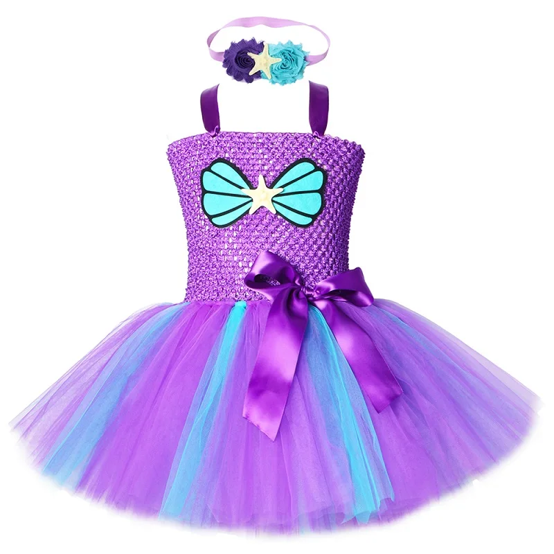 Dress and Headband Платье-пачка русалки для девочек с повязкой на голову; наряд для дня рождения; вечерние платья для девочек; костюм принцессы русалки - Цвет: Dress and Headband