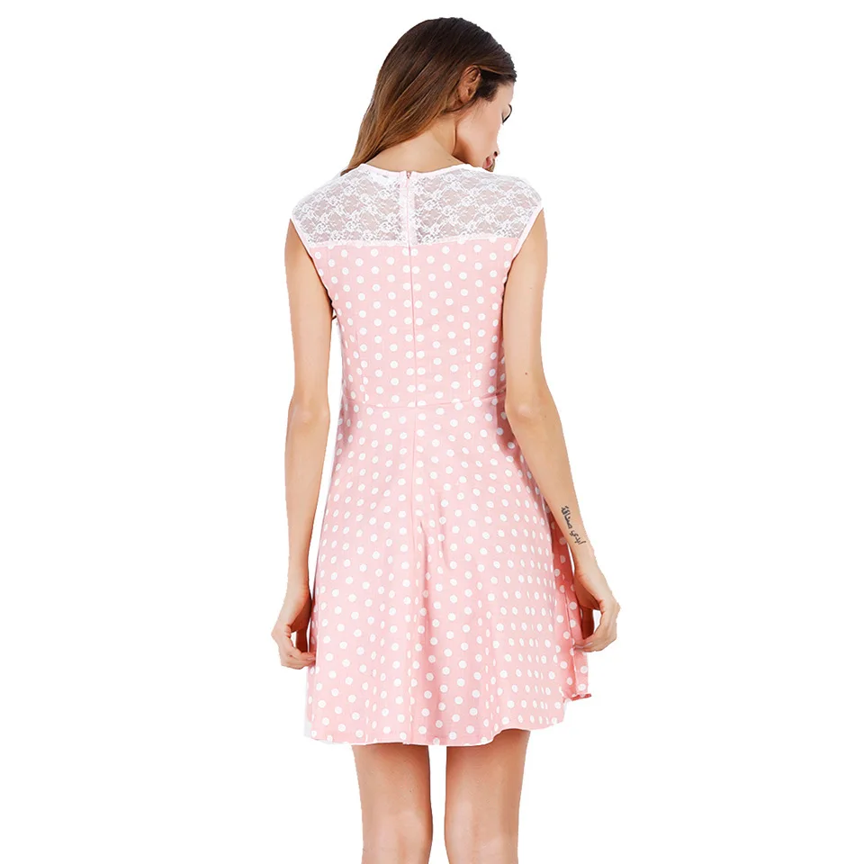 Летние Винтаж кружевное мини-платье Для женщин в горошек ретро рукавов черный