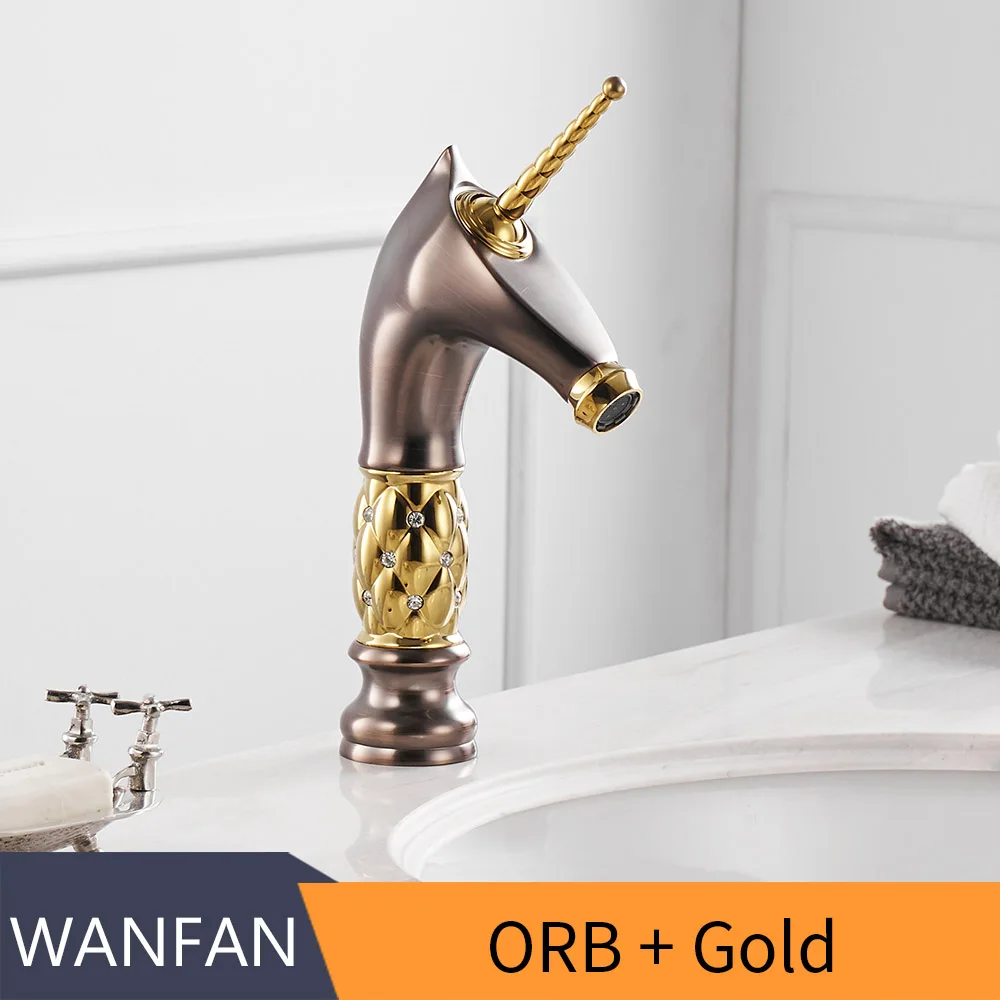 ORB And Gold Смеситель для раковины, уникальный модный кран для ванной комнаты с лошадиной головкой, черная латунь, на бортике, одинарная длинная ручка, смеситель для туалета 855755 - Цвет: ORB And Gold