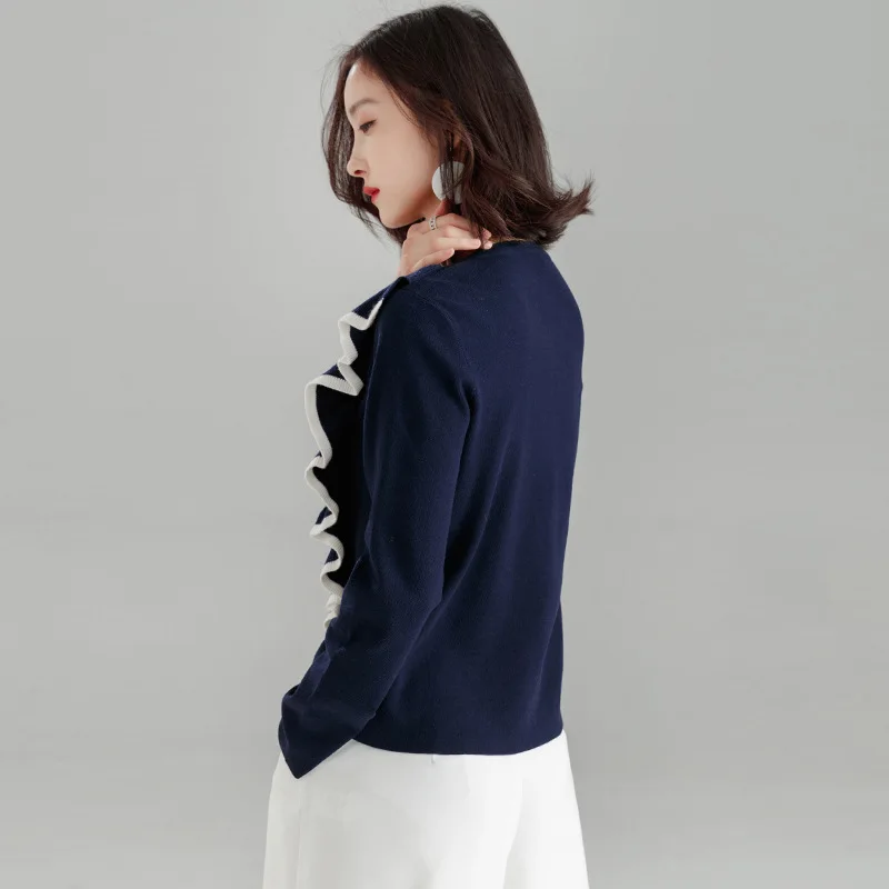 Женский трикотажный пуловер с круглым вырезом свитер рюшами и длинными рукавами