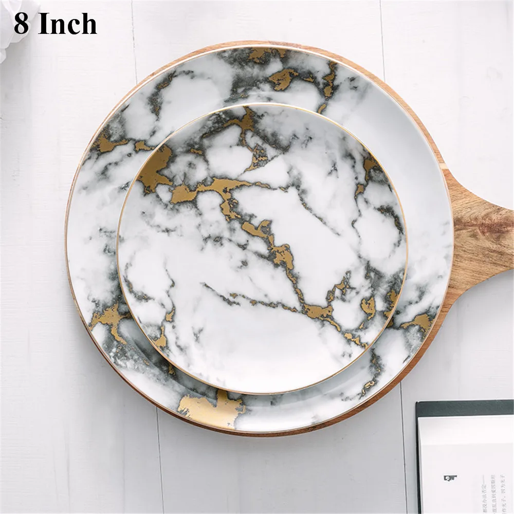 Dark Gray 8 Inch Мраморная обеденная тарелка в скандинавском стиле, 8 дюймов, 10,5 дюймов, золотой, черный, серый, набор посуды с инкрустацией, десертная тарелка, столовая посуда, блюдо для торта, десертные подносы - Цвет: Dark Gray 8 Inch