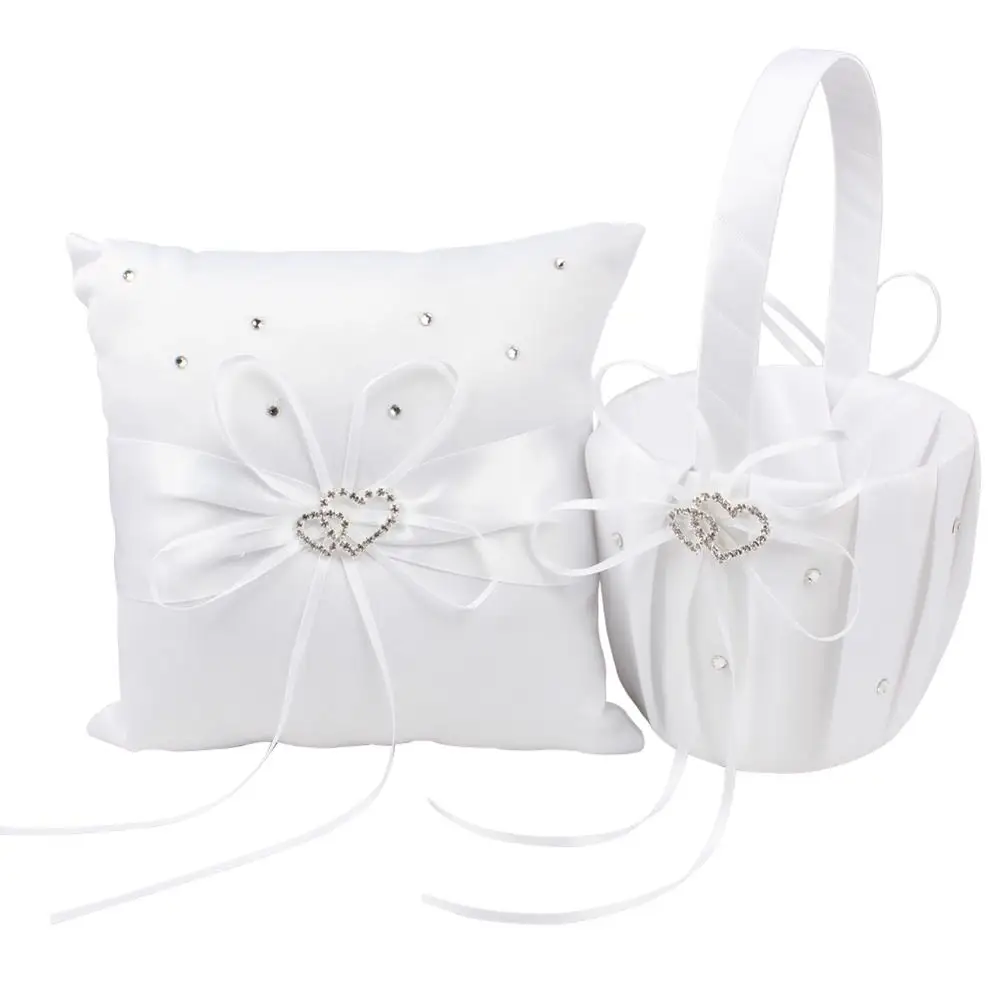 Pillow Basket OurWarm Свадебный сатиновый кольцо с двойным сердцем подушка белая тесьма со стразами подушка в виде бабочки Цветочная корзина для девочек товары для свадебной вечеринки - Цвет: Pillow Basket