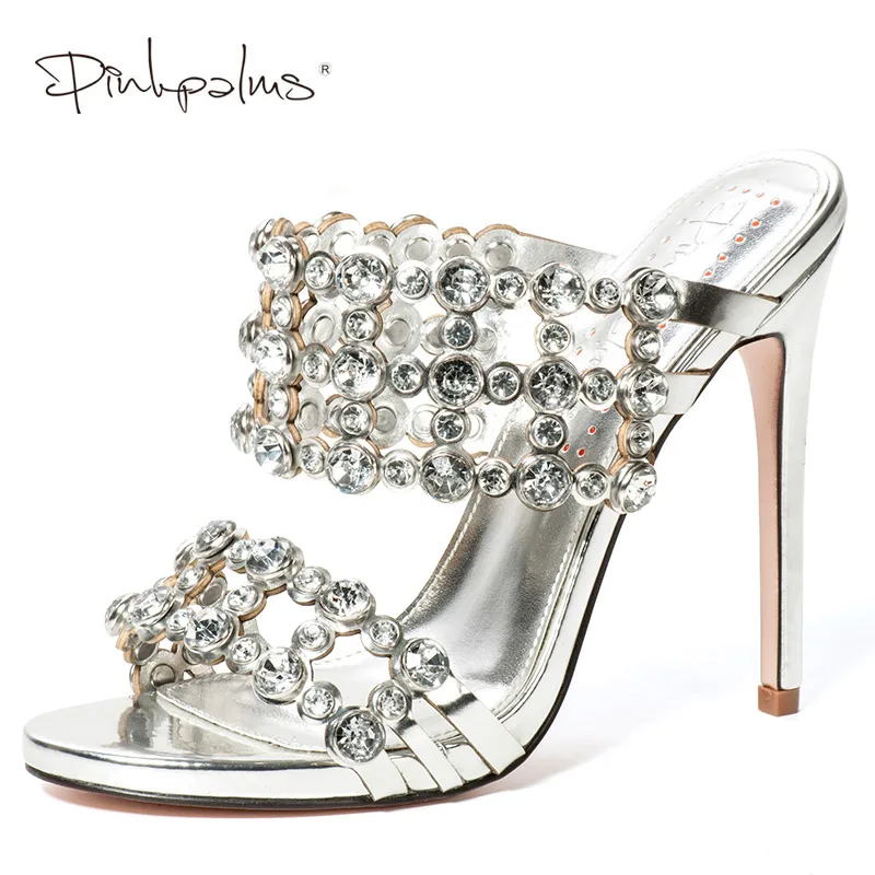 Мюли женские на высоком каблуке сланцы для дома и улицы с кристаллами розовые