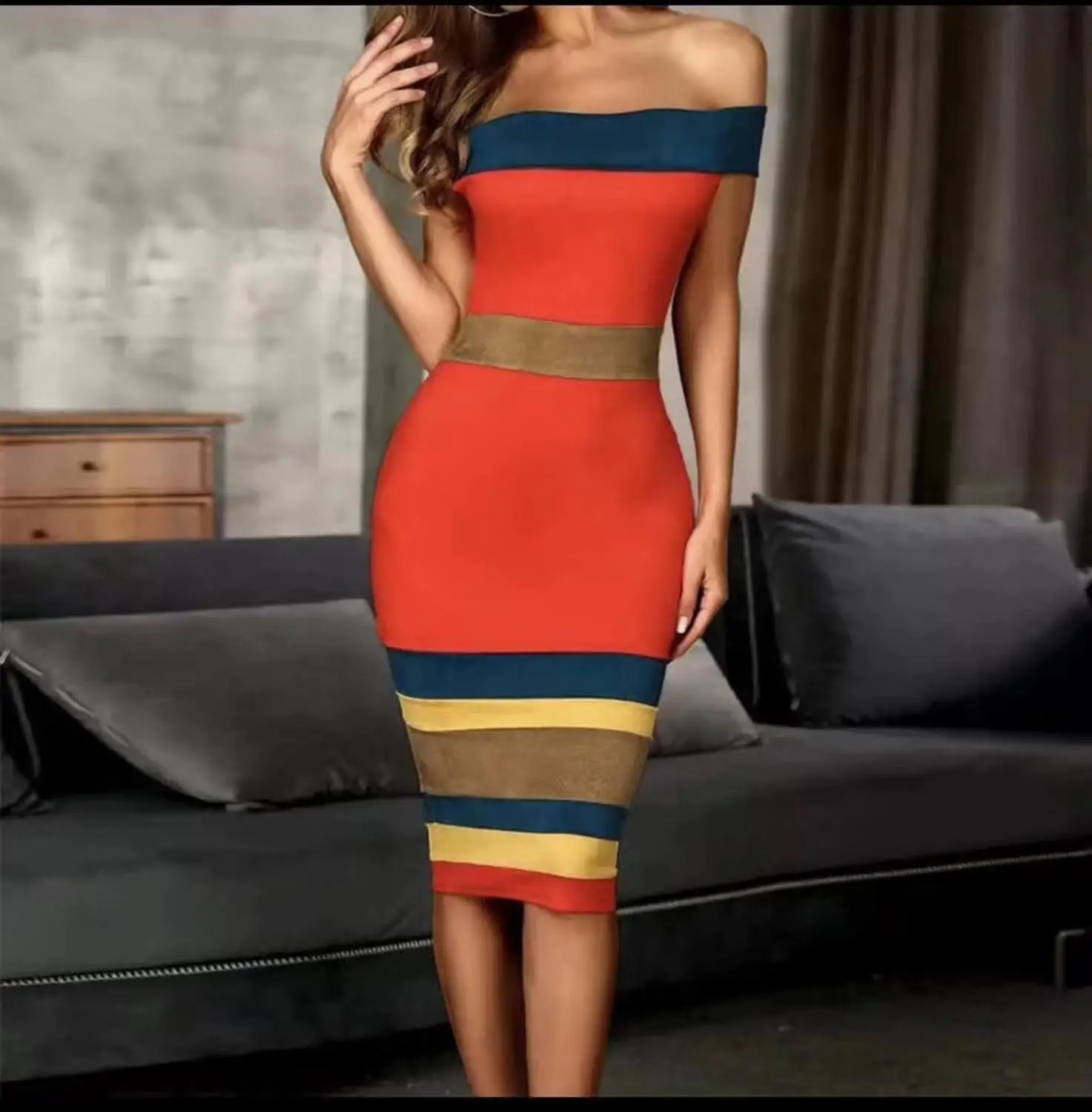 2019 Новая женская модная разноцветная slash шеи с открытыми плечами Vestidos