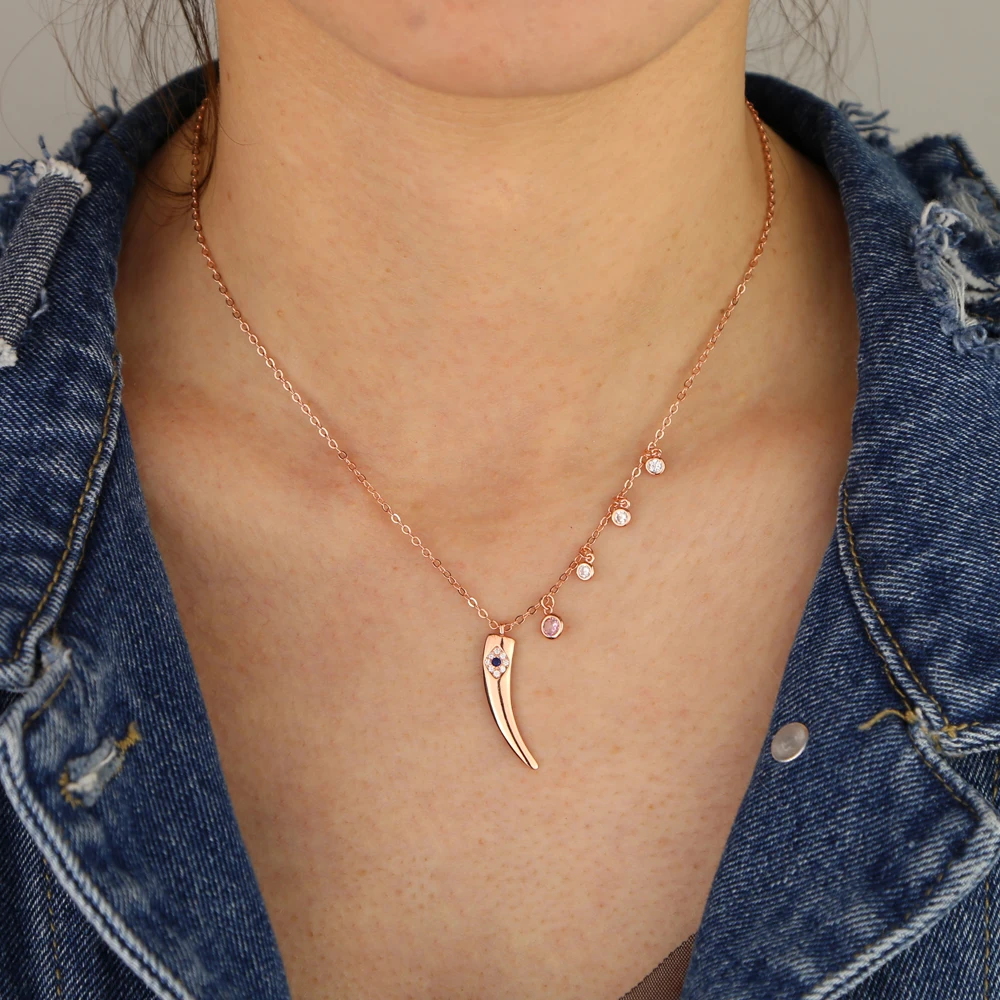 Посеребренная Розовая позолота розовый белый фианит сглаза Рог кулон очарование