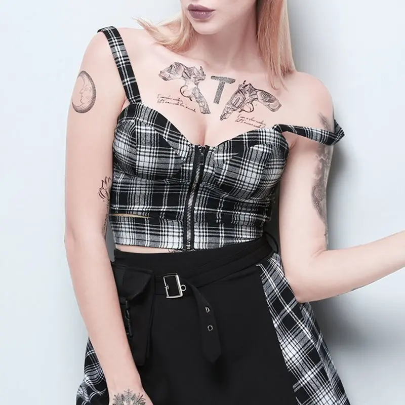 Клетчатые сексуальные женские майки Лето 2019 Винтаж молния панк Camisole девушка