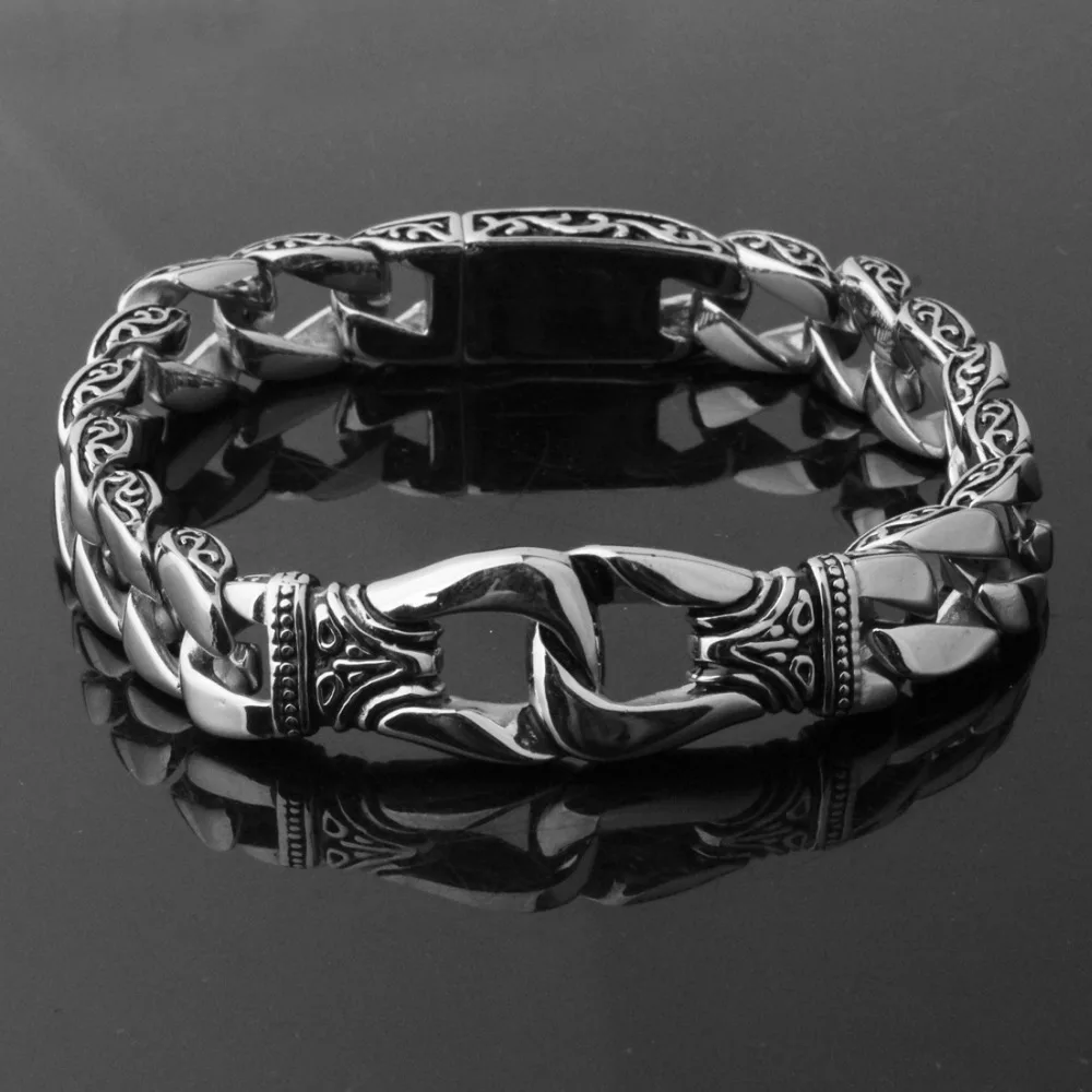 

Hip-hop Silver Color And Black Stainless Steel Carving Cuban Curb Chain Mens Boys Bracelet Bangle 8.66" Friend Gift High Quality