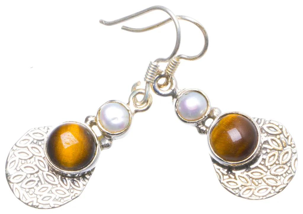 Natural Tiger Eye and River Pearl Handmade Unique 925 Sterling Silver Earrings 1.5&quot X4708 | Drop