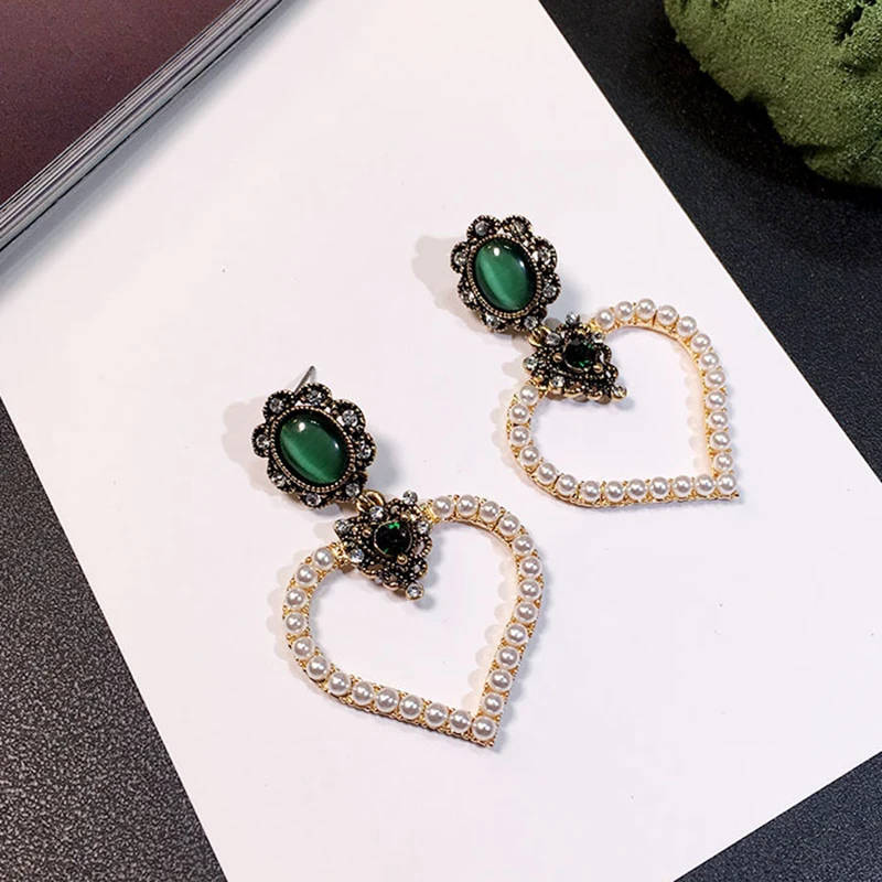 Винтажные серьги гвоздики Anise с зеленым опалом модные имитацией жемчуга в