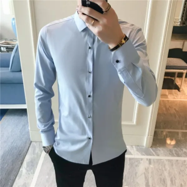 Light Blue Горячая Распродажа Мужская рубашка Мода Весна новая приталенная деловая рубашка рубашки длинный рукав однотонная универсальная блузка Homme плюс размер 4XL - Цвет: Light Blue