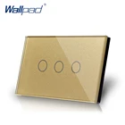Сенсорный выключатель, 3 Gang 1 Way Smart Touch Switch USAU 118*72 мм, стальная панель, роскошное Хрустальное Золотое стекло, светодиодный индикатор, электрическая настенная панель