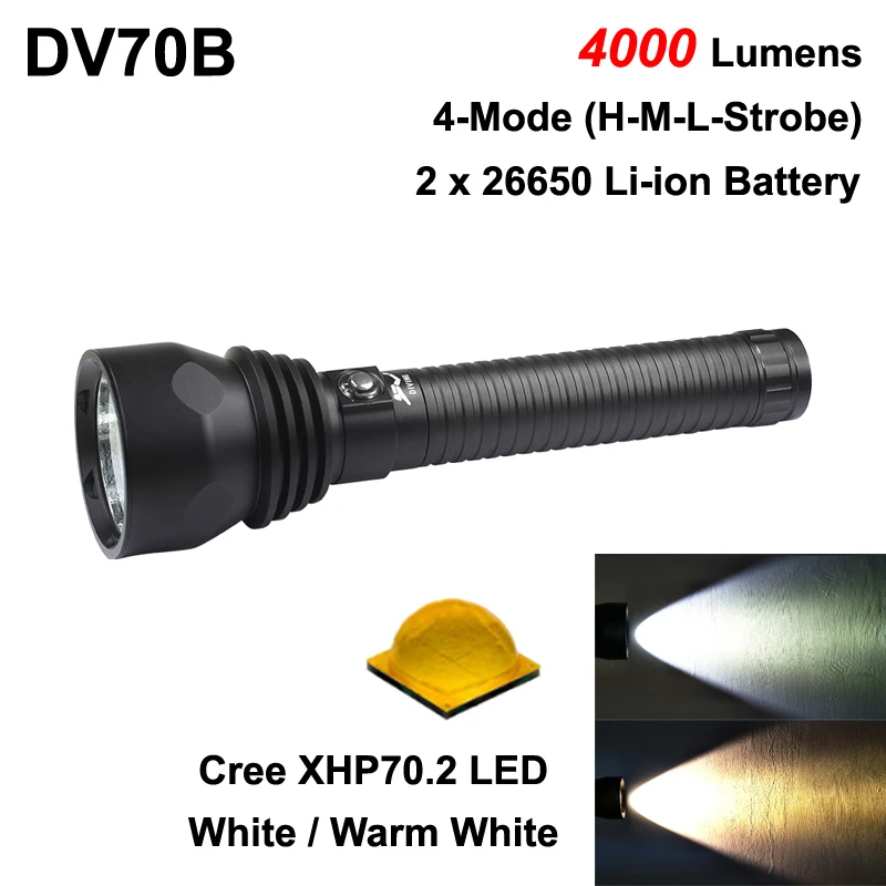 DV70B Cree XHP70.2 4000 Lumens 4-Mode Diving LED Flashlight ( 2x26650 )