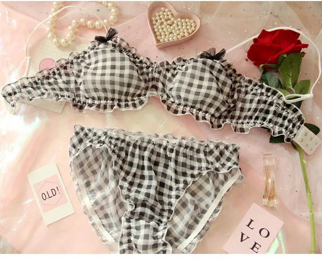 Черный клетчатый японский шифоновый комплект с бюстгальтером и трусиками мягкое