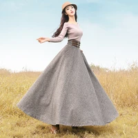 free shipping 2022 boshow new winter vintage woolen long maxi high waist bandage a line plaid big hem skirts with pockets s l