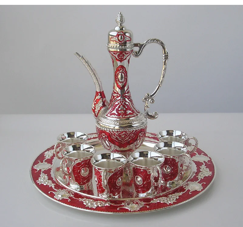 

8 PCS/set alloy metal silver red wine set kitchen dining bar 6 wine cups vinho 1 jar 1 tray embossed carved 319B