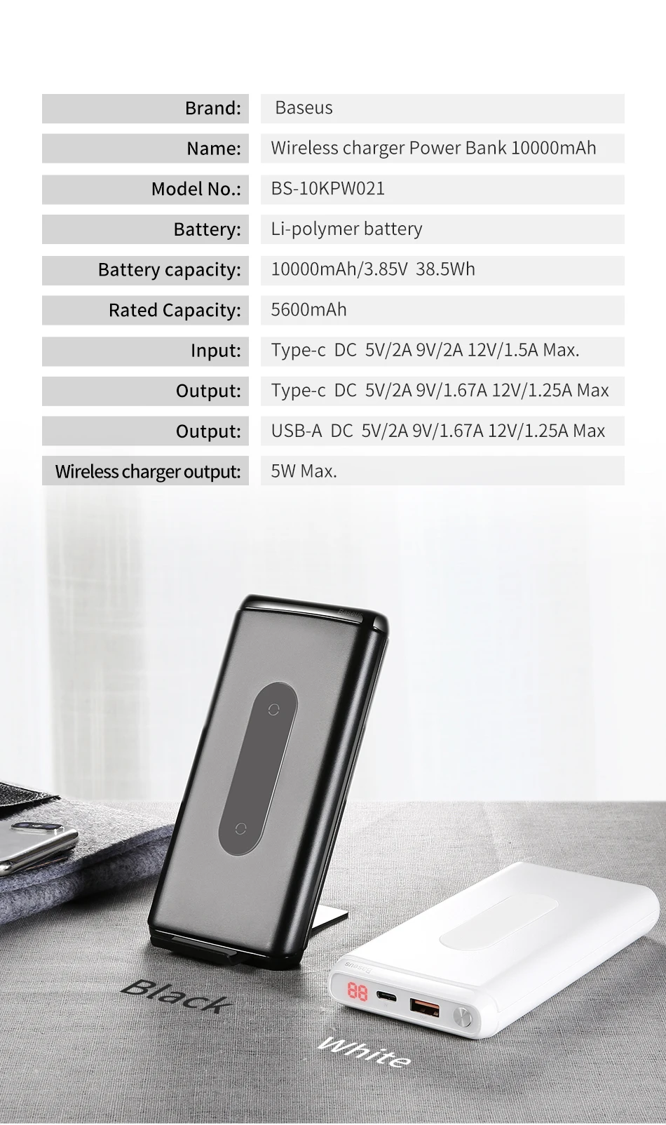 Baseus 10000 мАч Быстрая зарядка 3,0 внешний аккумулятор портативный USB C PD быстрое Qi Беспроводное зарядное устройство Внешний аккумулятор для Xiaomi Mi