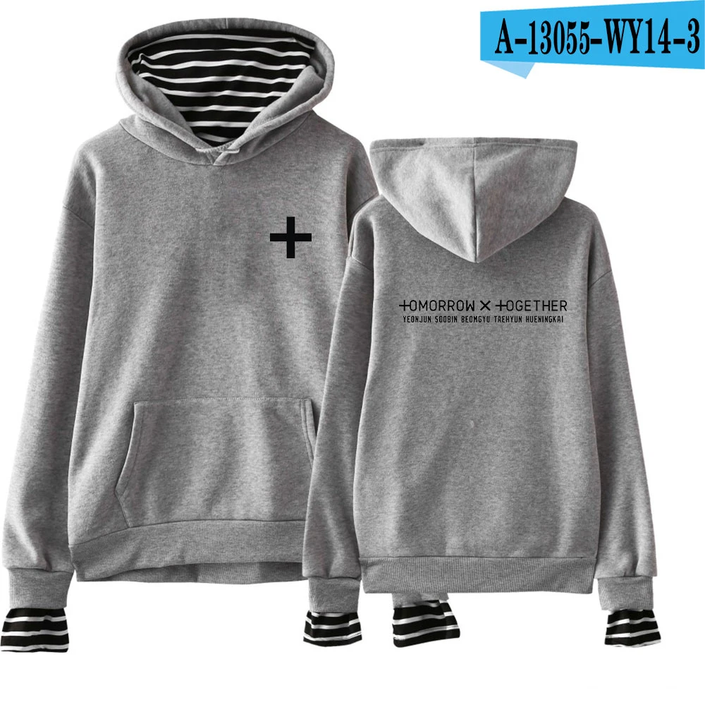 TXT together Fake Two Piece толстовки Осенние теплые толстовки с длинными рукавами толстовки женские/мужские 2XL - Цвет: gray
