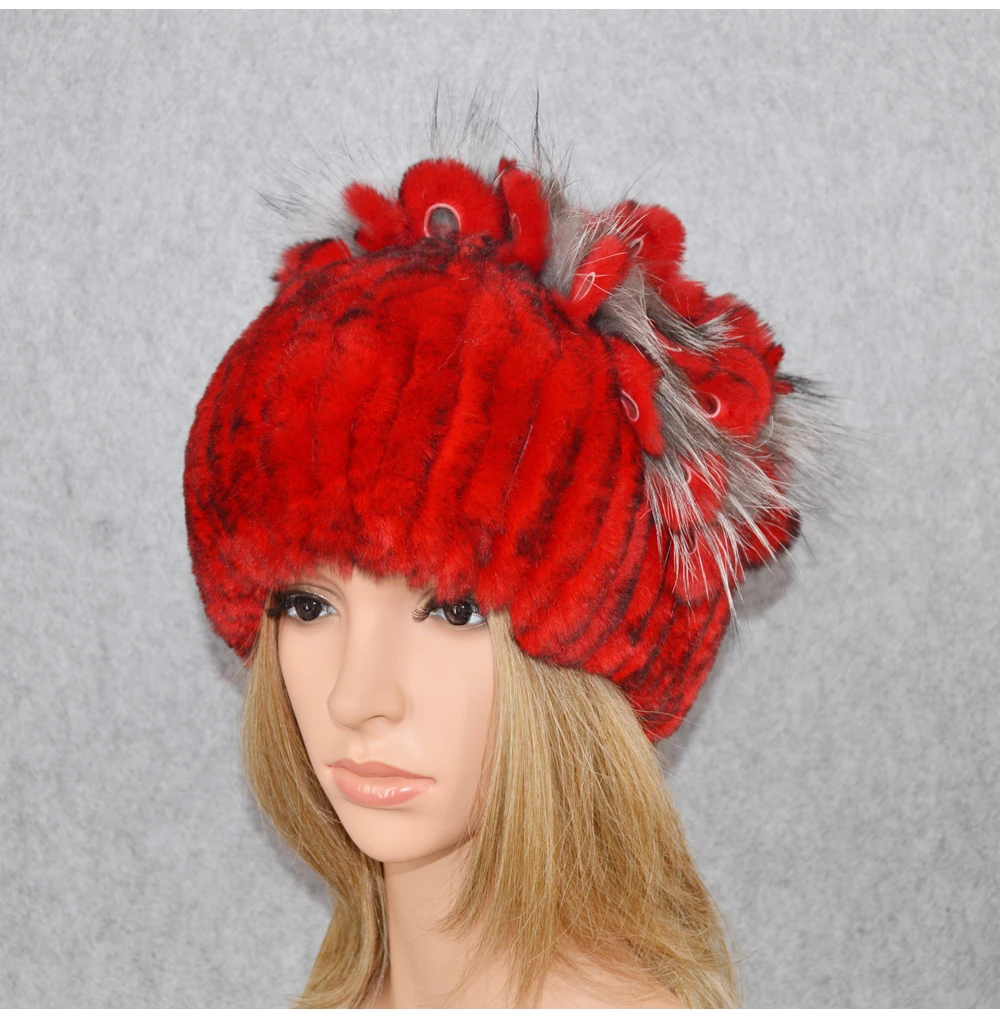 Новинка Россия женский Настоящий мех кролика Skullies шапки Роскошные вязаные цветы натуральный мех кролика рекс шапка зимние шапки из натурального меха