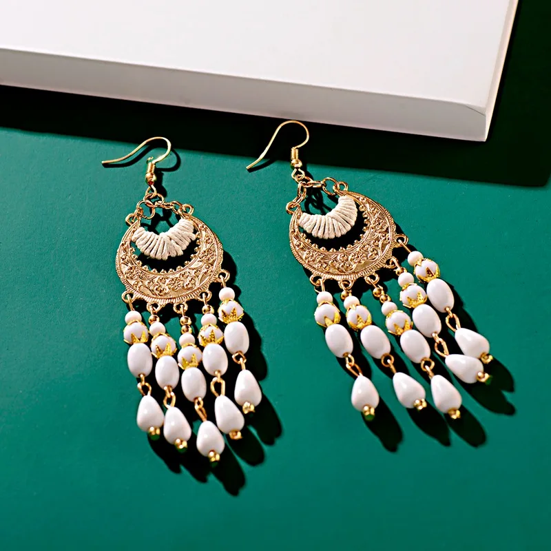 Винтажный этнический богемный белого бисера серьги jhumka с геометрическим рисунком с металлической кисточкой индийские серьги тибетские украшения