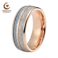 men women wedding band tungsten ring forever ring rose gold color with blue carbon fiber and imitated meteorite inlay