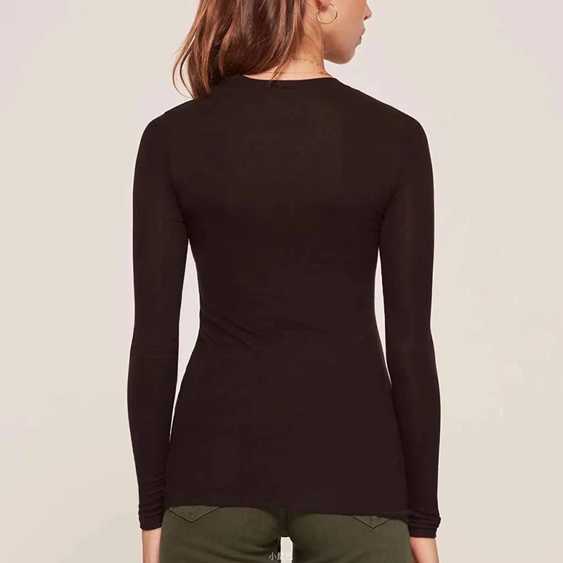 Simple Solid Color Female T-Shirt Women Crew Neck Ribbed Long Sleeve Slim Fit Crop T-shirt Crop Tops