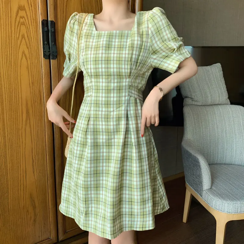 Новинка 2019 года корейские клетчатые платья в клетку с квадратным воротником и